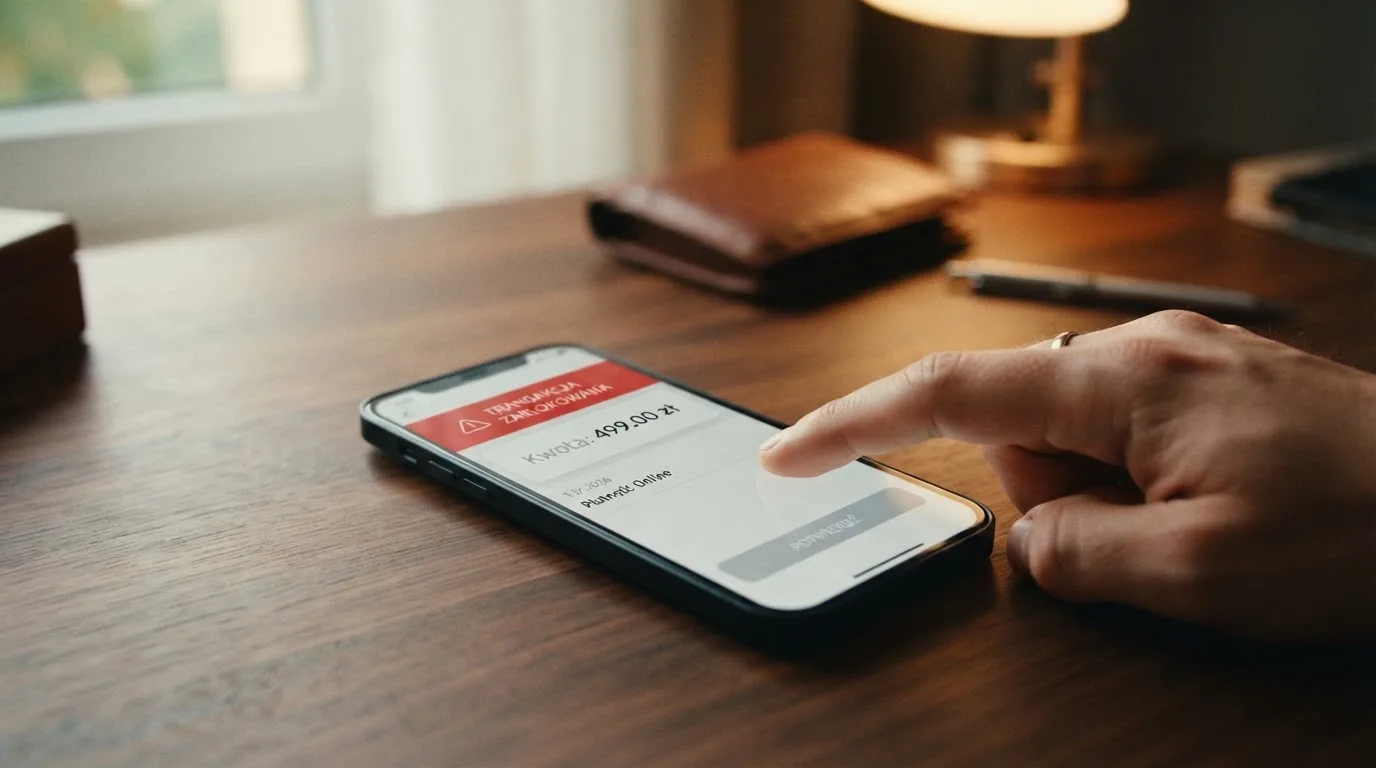 Telefon z odrzuconą płatnością BLIK i komunikatem o zablokowanej transakcji